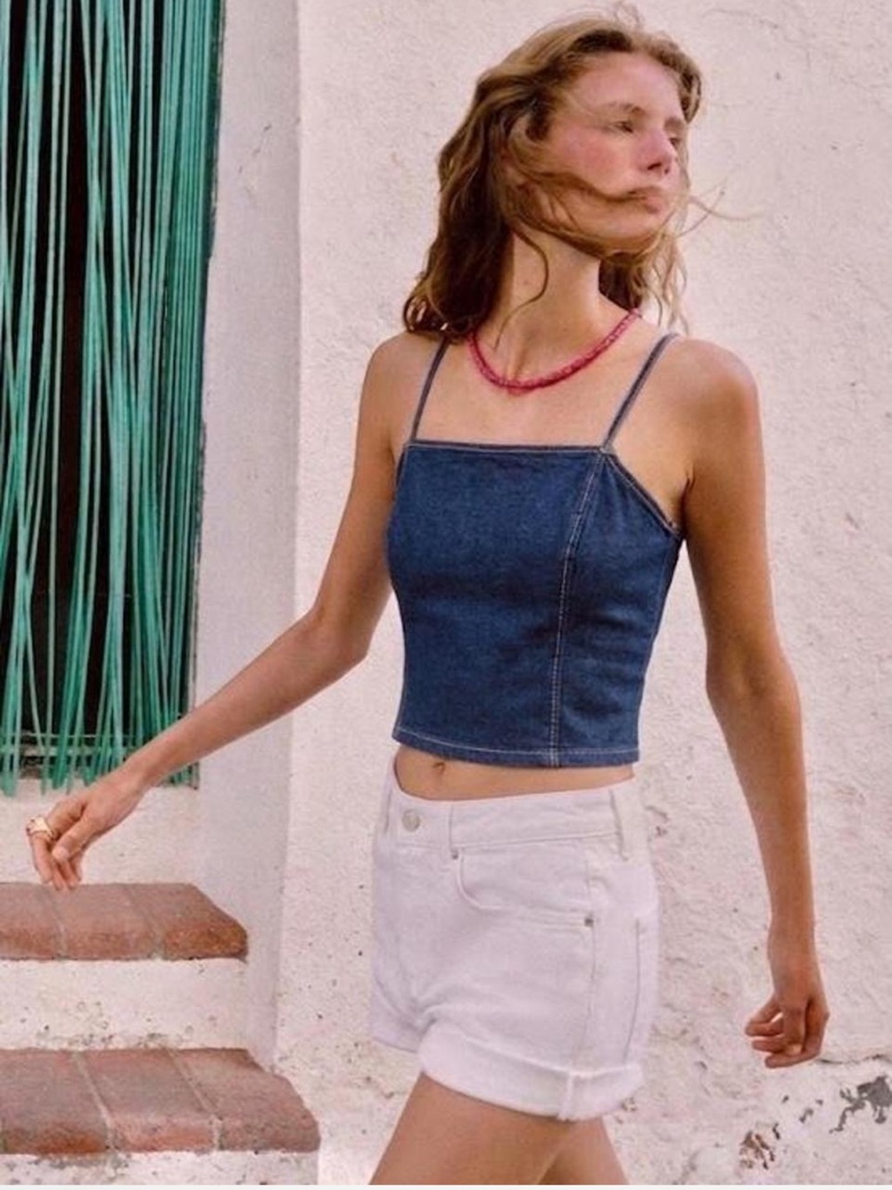ZARA Denim Square-Neck Cropped Tank Top - Blue {Small}